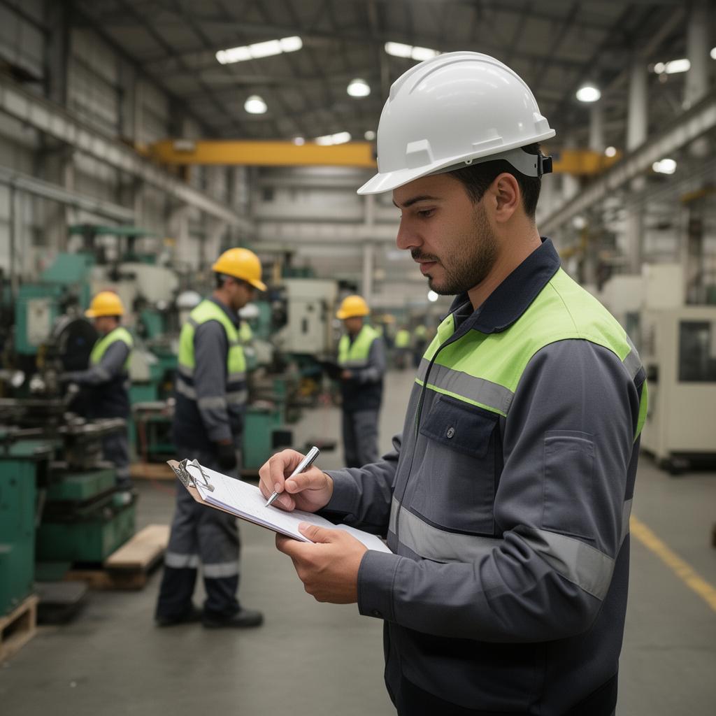 Engenheiro de segurança do trabalho realizando inspeção em uma indústria